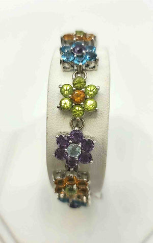 Silvertone Green Multi Flower Bracelet