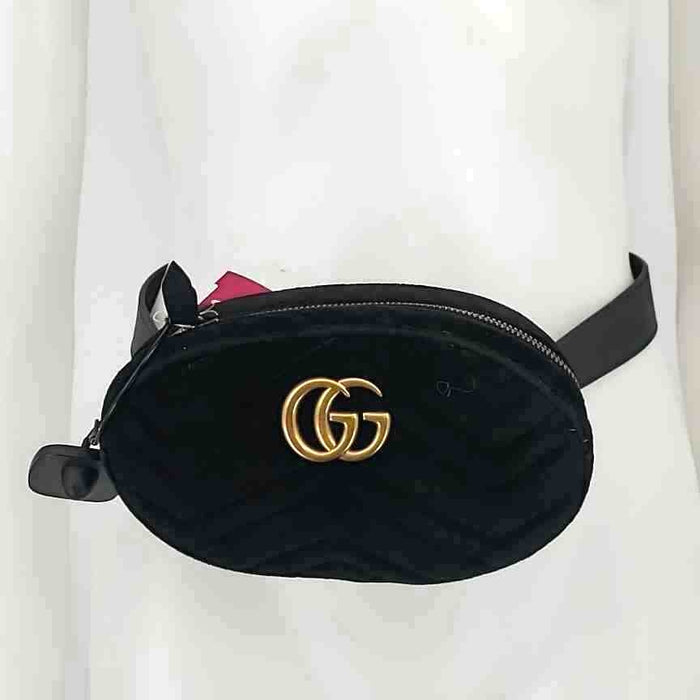 GUCCI Black Gold Velvet Leather Trim Quilted Belt Bag Purse