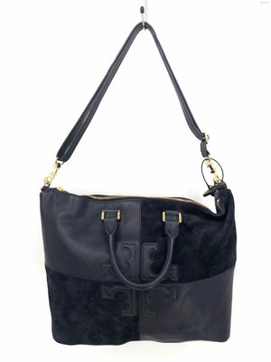TORY BURCH Navy Gold Leather & Suede Patchwork Zip Top Tote 14" 6" 11 in Purse