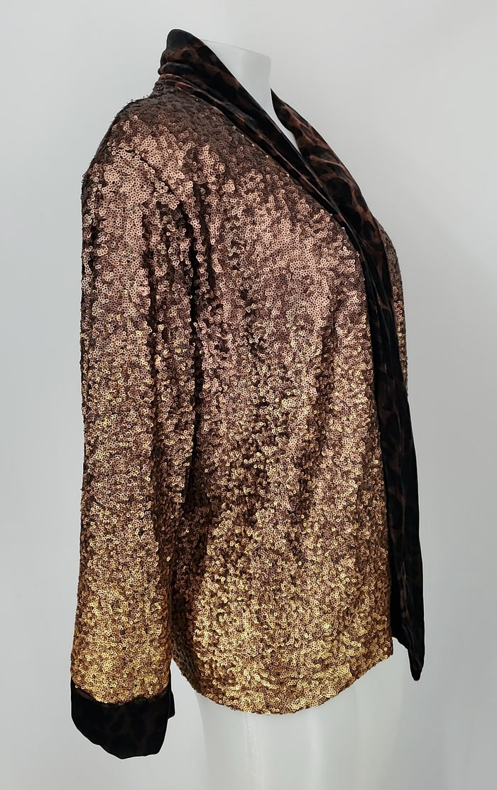 JOHNNY WAS Brown Bronze Sequined Leopard Trim Drape Front Jacket
