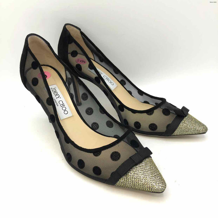 JIMMY CHOO Black Gold Italian Made Dot 3.5" Chunky Heel Shoes