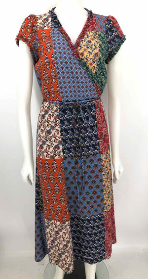 GERARD DAREL Orange & Beige Blue Multi Print Wrap Size 40 (MED) Dress