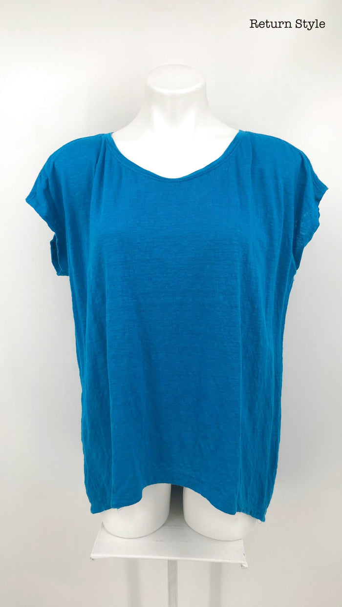 EILEEN FISHER Turquoise Organic Linen Short Sleeves Size SMALL (S) Top