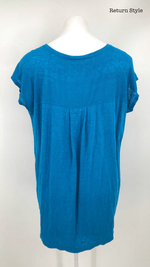 EILEEN FISHER Turquoise Organic Linen Short Sleeves Size SMALL (S) Top