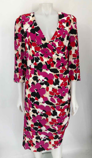MILLY Pink Red Multi Silk Floral 3/4 Sleeve Size 12  (L) Dress