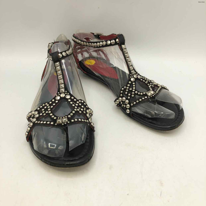 CESARE PACIOTTI Silver Black Leather Made in Italy Studded Sandal Shoes