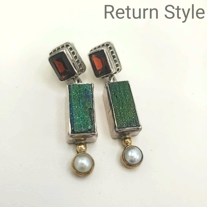 Garnet Pearl Rectangle Sterling Silver REVE ss Earrings
