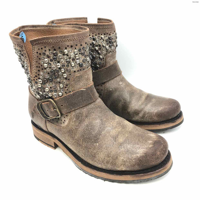 FRYE Brown Brass Suede Leather Made in Mexico Studded Ankle Boot Boots