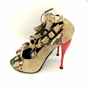 GIUSEPPE ZANOTTI Black Beige Leather Peep-Toe Reptile Pattern Heels Shoes