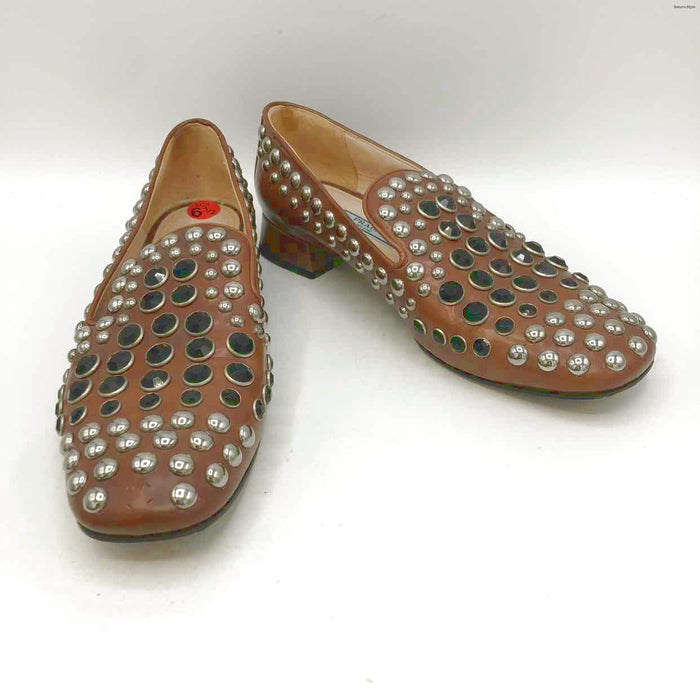 PRADA Brown Silver Leather Made in Italy Jeweled Loafer Shoe Size 6-1/2 Shoes