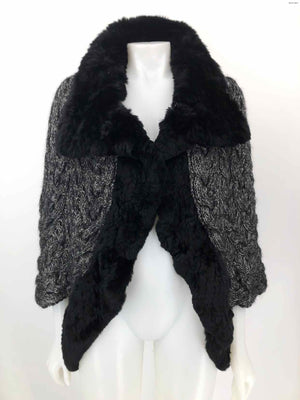 THE WRIGHTS Black Gray Wool Blend & Fur Cable knit Cardigan Sweater