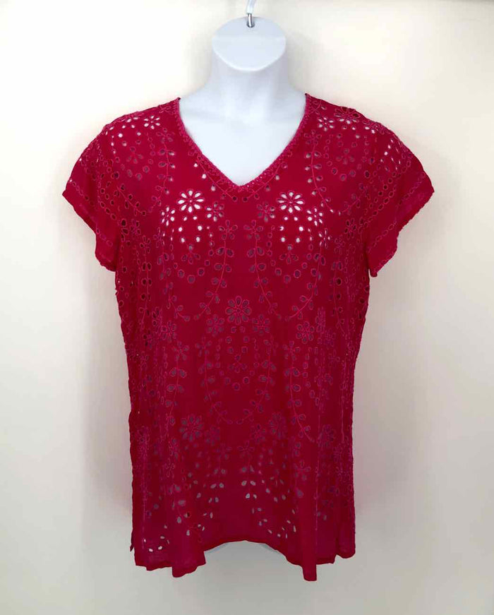 JOHNNY WAS Pink Eyelet Short Sleeves Size LARGE  (L) Top