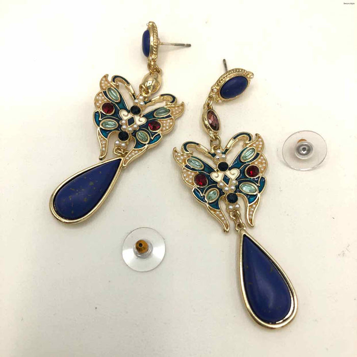 Goldtone Blue Multi Art Nouveau Butterfly Earrings