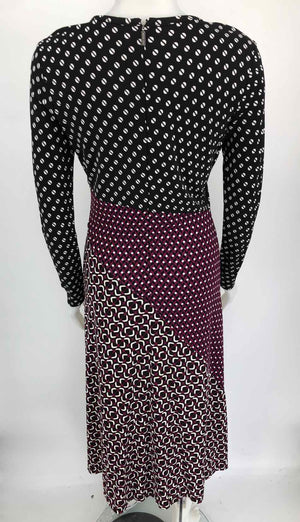 MICHAEL KORS Black & White Wine Multi Print Longsleeve Size 8  (M) Dress