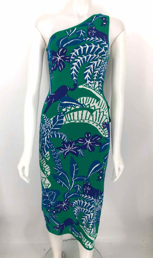 FARM RIO Green White & Blue Tropical Print One Shoulder Size X-SMALL Dress