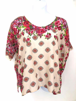 JOHNNY WAS Cream Pink Silk Floral Short Sleeves Size LARGE  (L) Top