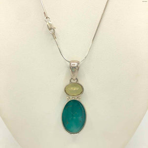 Green Sterling Silver Citrine Druzy 16" SS Pend on Chain
