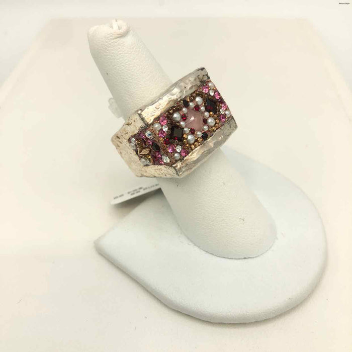 ORIT SCHATZMAN Pink Multi-Color Sterling Silver Crystal Rectangle SZ 8 Ring SS