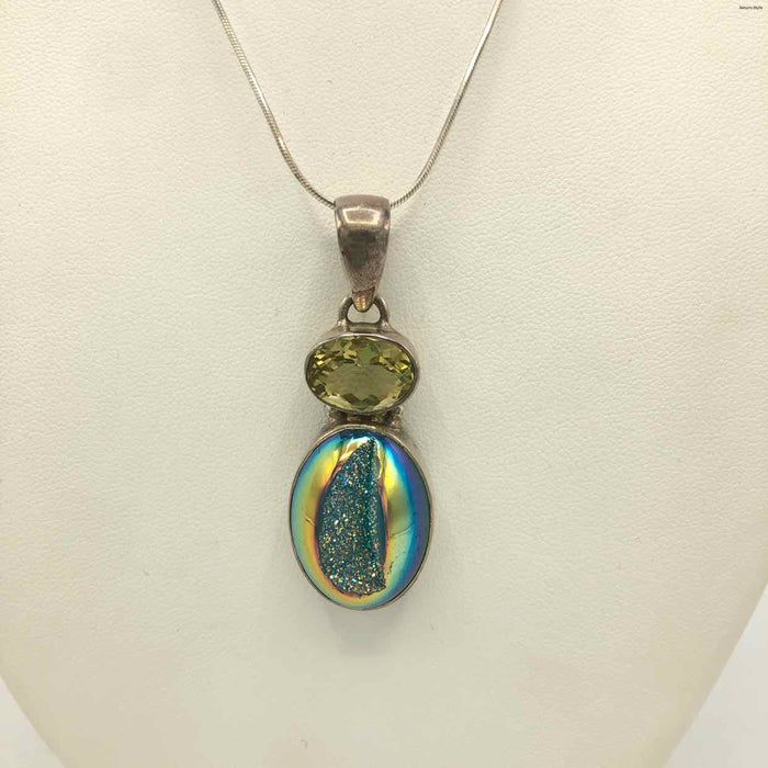 Green Sterling Silver Citrine Druzy 16" SS Pend on Chain