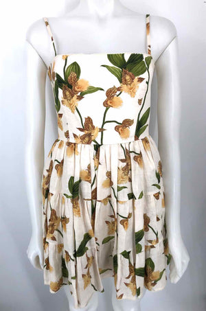AGUA BENDITA Beige Green & Khaki Linen Floral Mini Size SMALL (S) Dress