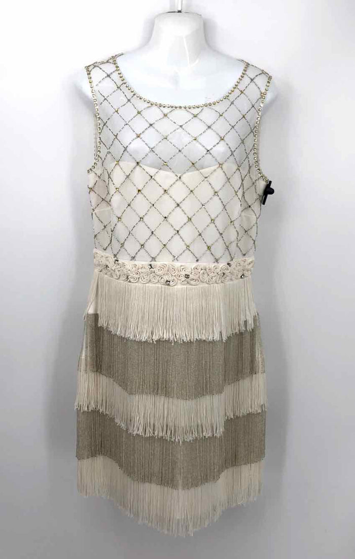BADGLEY MISCHKA Ivory Gold Fringe Sleeveless Size 12  (L) Dress