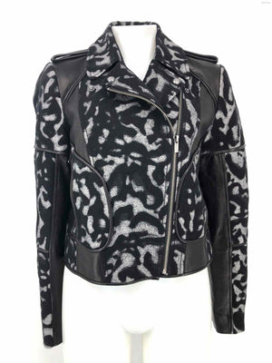 DVF - DIANE VON FURSTENBERG Gray Black Leather Trim Animal Print Moto Jacket