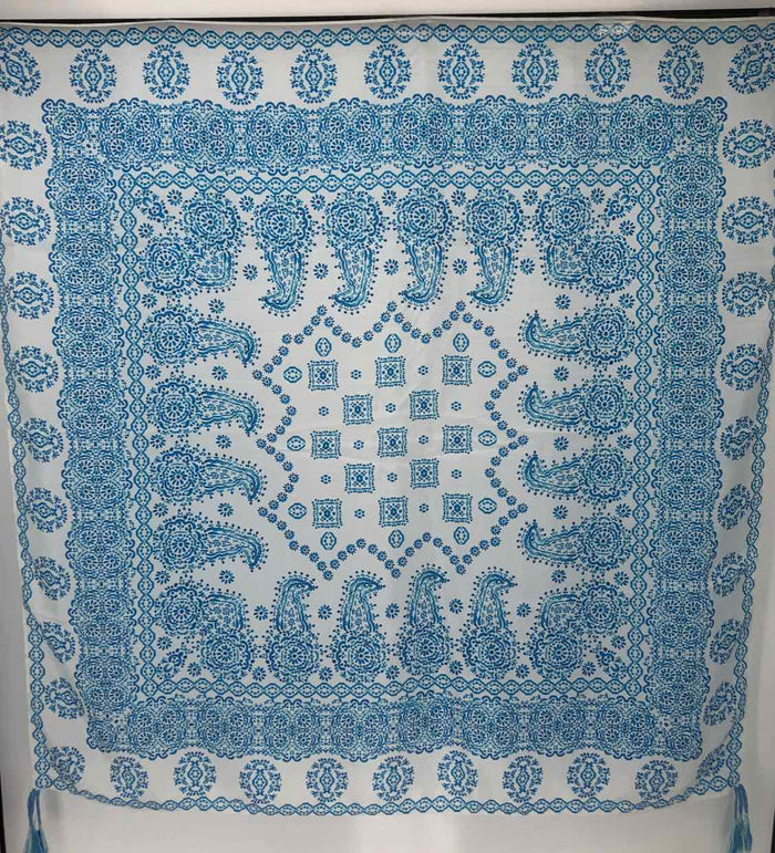 JOHNNY WAS Blue White Print Tassels 42" Square Scarf