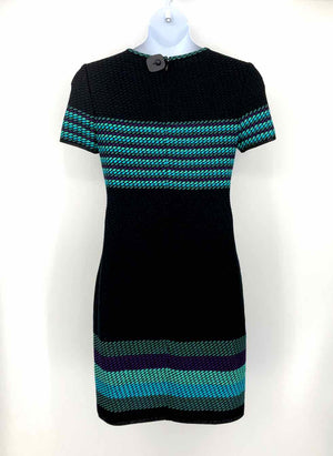 ST. JOHN Black Green Multi USA Made! Stripe Woven Size 8  (M) Dress