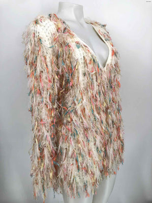 EN CREME White Pink Multi Crochet Fringe Longsleeve Women Size MEDIUM (M) Jacket