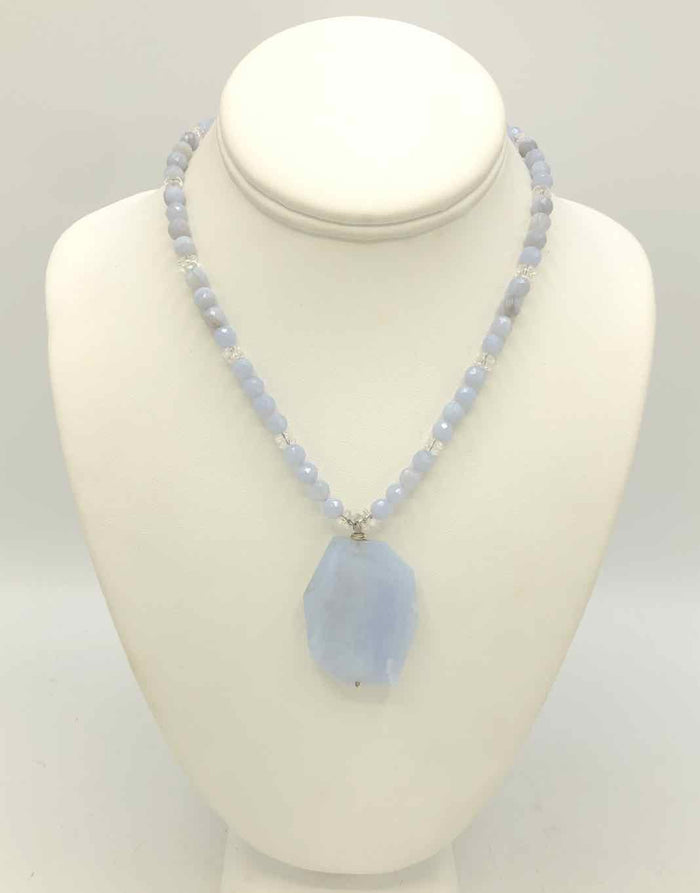 ENERGY MUSE Blue Silvertone Blue Lace Agate Beaded 16" Necklace