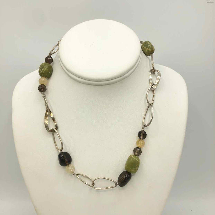 Green Brown Sterling Silver Beaded Hammered 17" ss Necklace