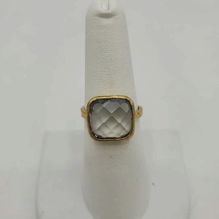 Goldtone Clear Brushed Metal Faceted Ring Sz 7