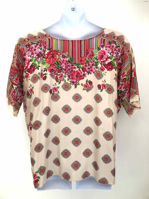 JOHNNY WAS Cream Pink Silk Floral Short Sleeves Size LARGE  (L) Top