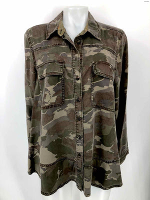 ANTHROPOLOGIE Olive Green Brown Camouflage Button Up Women Size 14  (L) Jacket