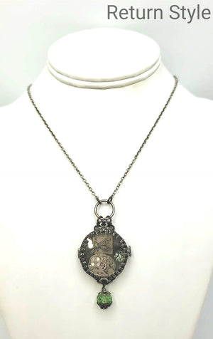 Silvertone Green Watch Circle Necklace