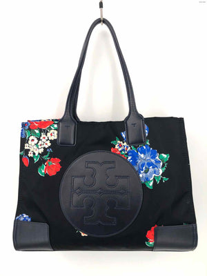 TORY BURCH Navy Black Multi Nylon & Leather Floral Tote Purse
