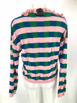 DELPOZO Pink Green & Blue Made in Spain Checkered Ruffle Trim Sweater