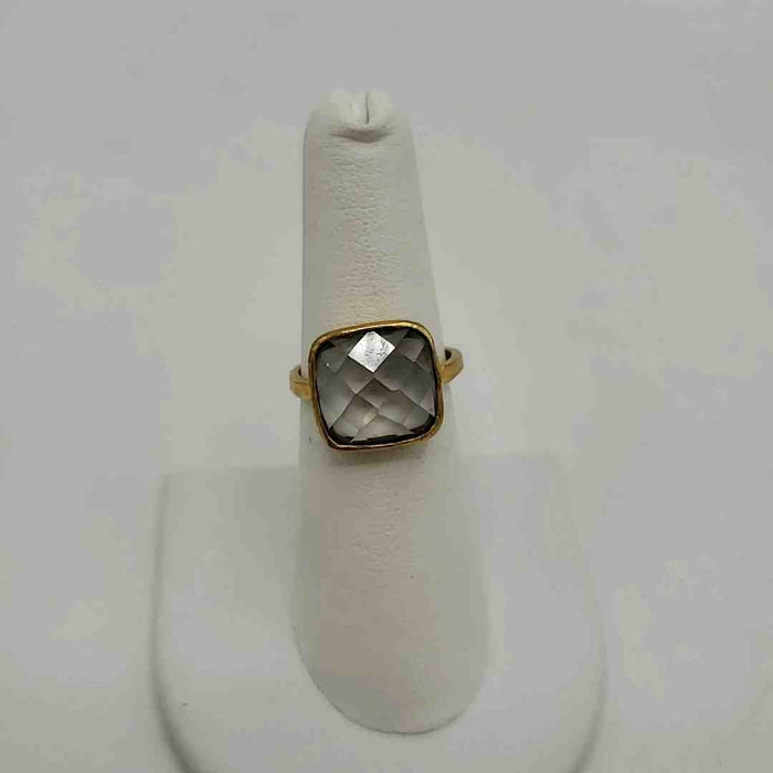 Goldtone Clear Brushed Metal Faceted Ring Sz 7