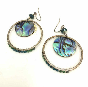 Turquoise Silvertone Abalone Crystal Beaded Dangle Earrings