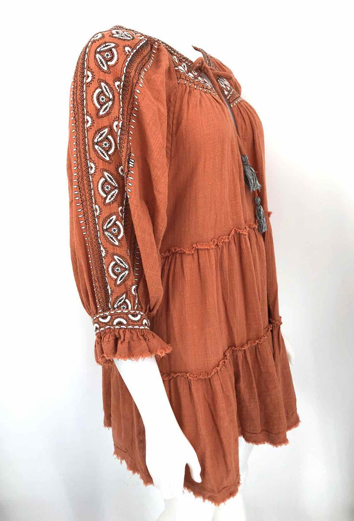 FREE PEOPLE Tan Cream Multi Cotton Embroidered Longsleeve Size LARGE  (L) Dress