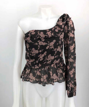 FOR LOVE & LEMONS Gray Pink Silk Floral One Shoulder Size SMALL (S) Top