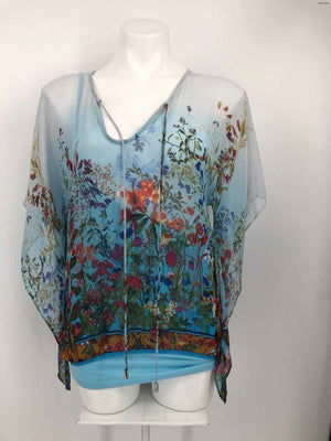 ALBERTO Light Blue Multi-Color Silk Floral Size SMALL (S) Top - ReturnStyle
