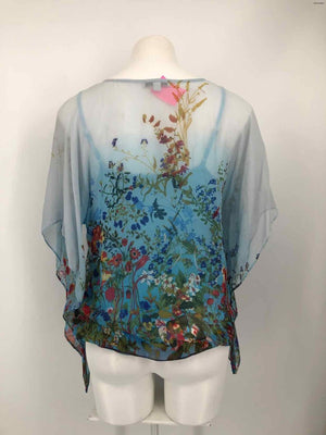 ALBERTO Light Blue Multi-Color Silk Floral Size SMALL (S) Top - ReturnStyle
