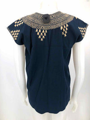 Navy Beige Embroidered Short Sleeves Size SMALL (S) Top