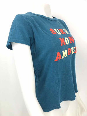 MOTHER Blue Yellow & Orange Word Print T-shirt Size SMALL (S) Top