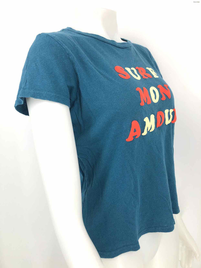 MOTHER Blue Yellow & Orange Word Print T-shirt Size SMALL (S) Top