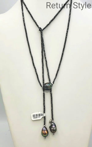 Dark Gray Iridescent Pearl Lariat 60" Necklace