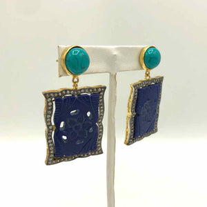 Navy Turquoise Color Goldtone Carved Stone Crystal Post w/Drop Earrings