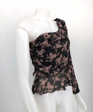 FOR LOVE & LEMONS Gray Pink Silk Floral One Shoulder Size SMALL (S) Top
