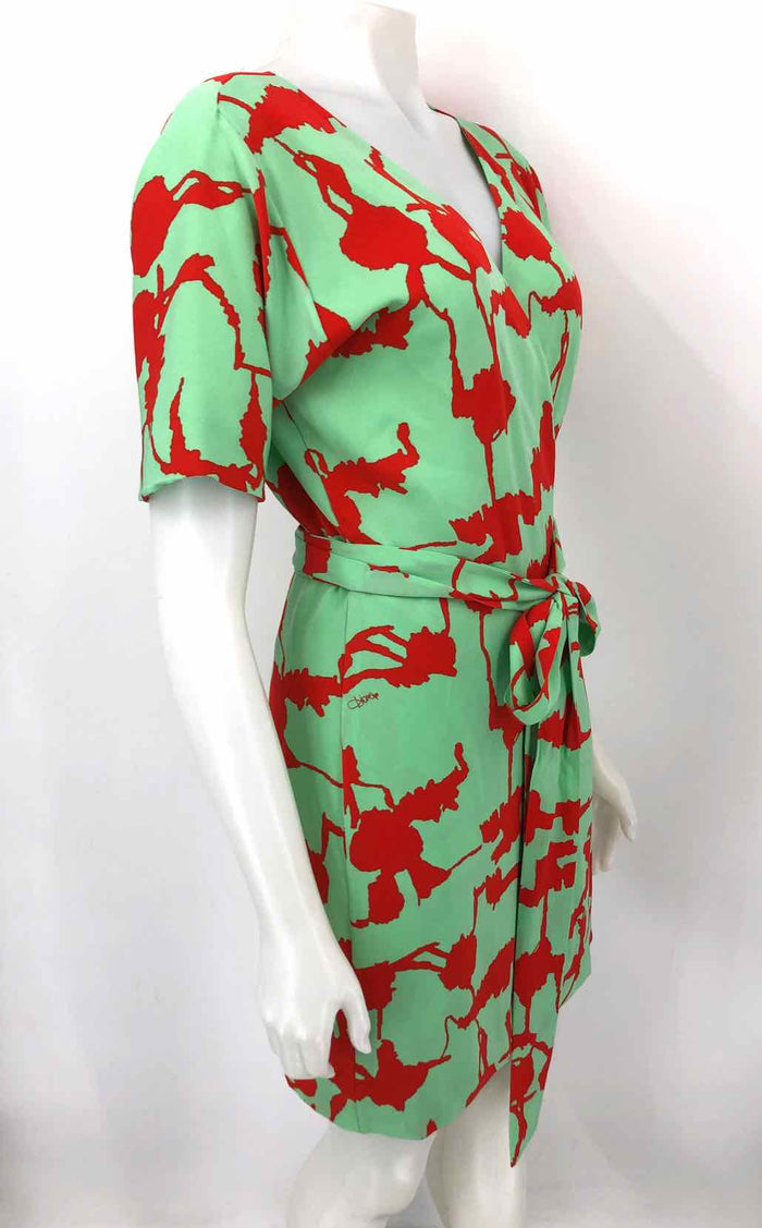 DVF - DIANE VON FURSTENBERG Mint Green Red Silk Print Wrap Size 10  (M) Dress